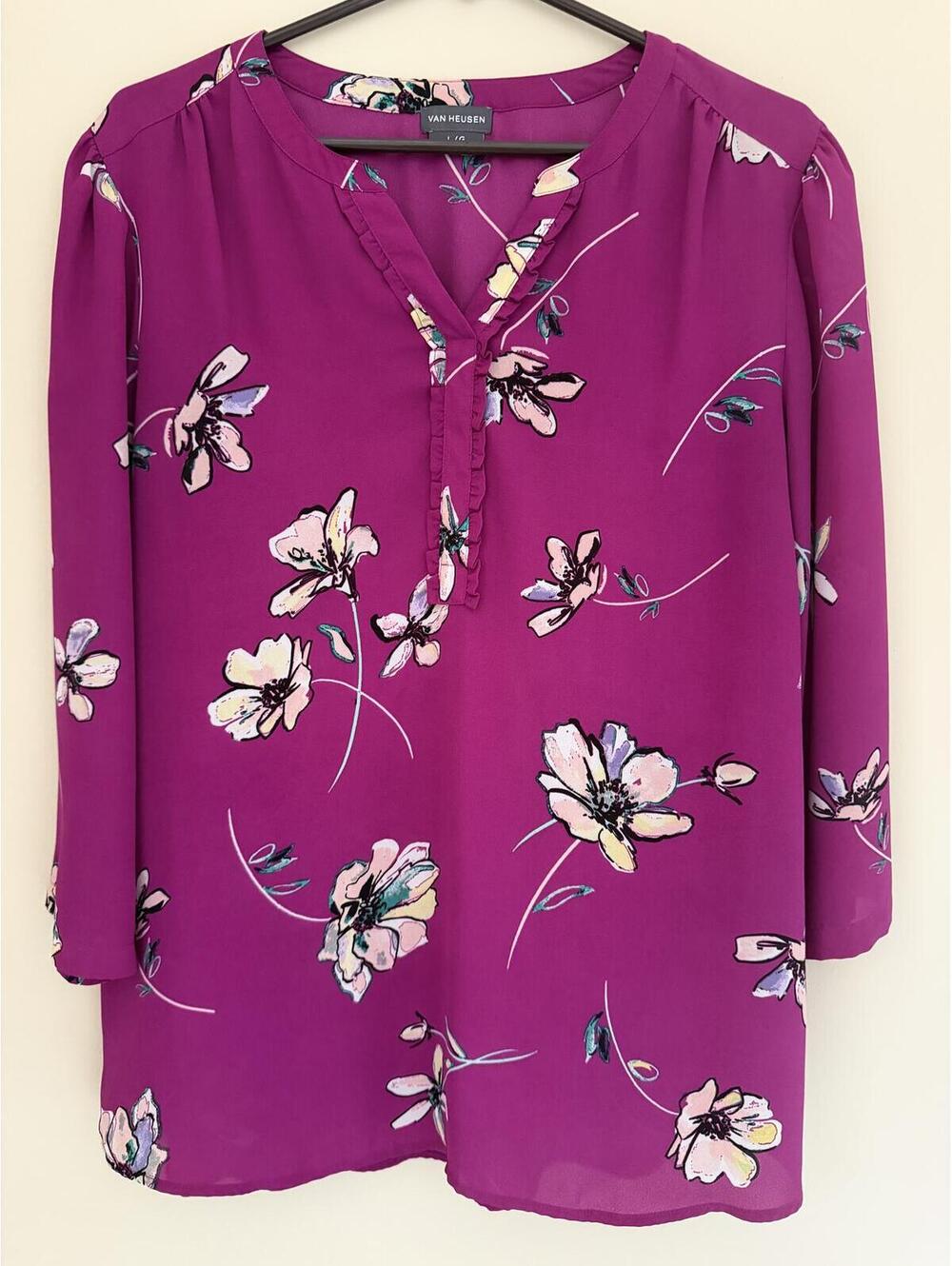 Van Heusen L Poly Blouse w/ Ruffles, 3/4 Sleeves, Flowy, Floral - Picture 1 of 7